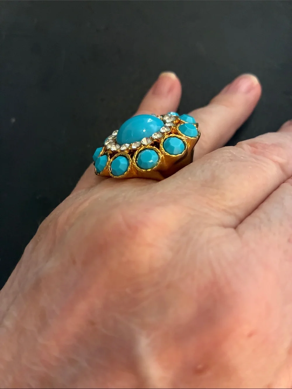 Turquoise Cabochon Statement Ring with Surrounding Clear Crystals